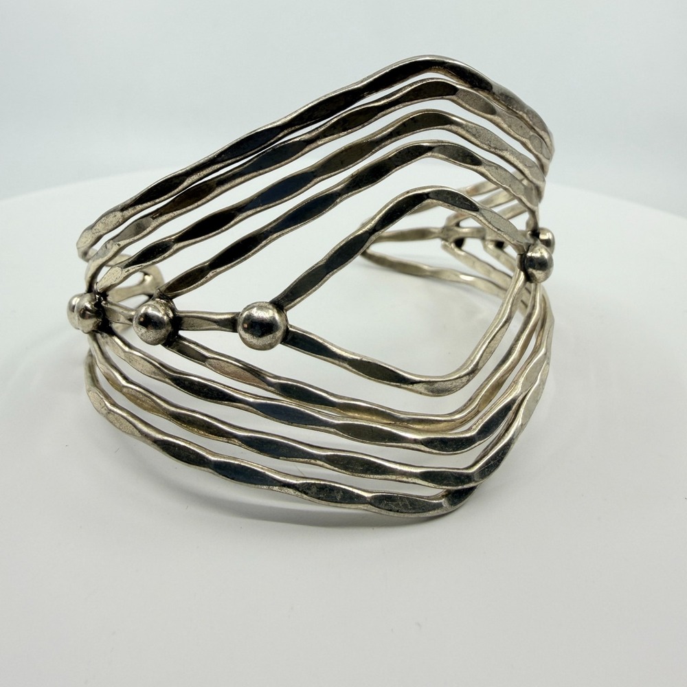 Vintage Silver Tone Hammered Multi Strand Wave Cuff Bracelet 90s